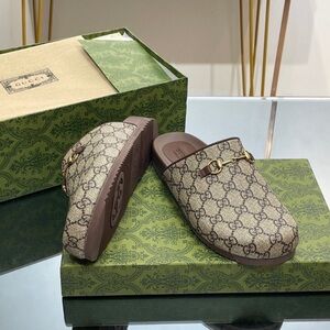 Gucci Beige and Brown Monogram Mules